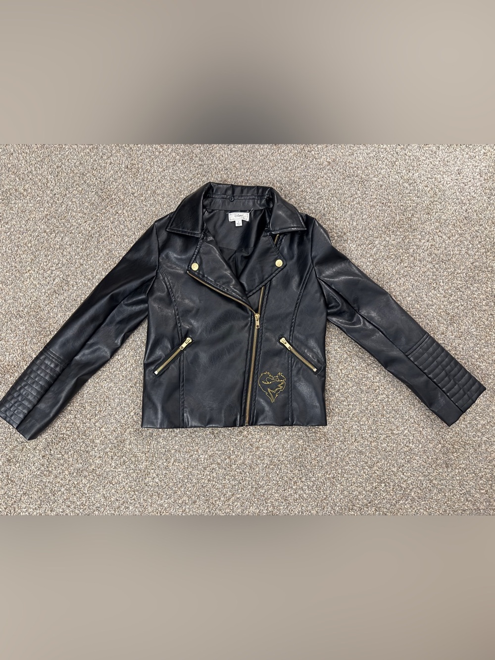 Disney D Black Faux Leather Moto Jacket with Gold Hardware - Small